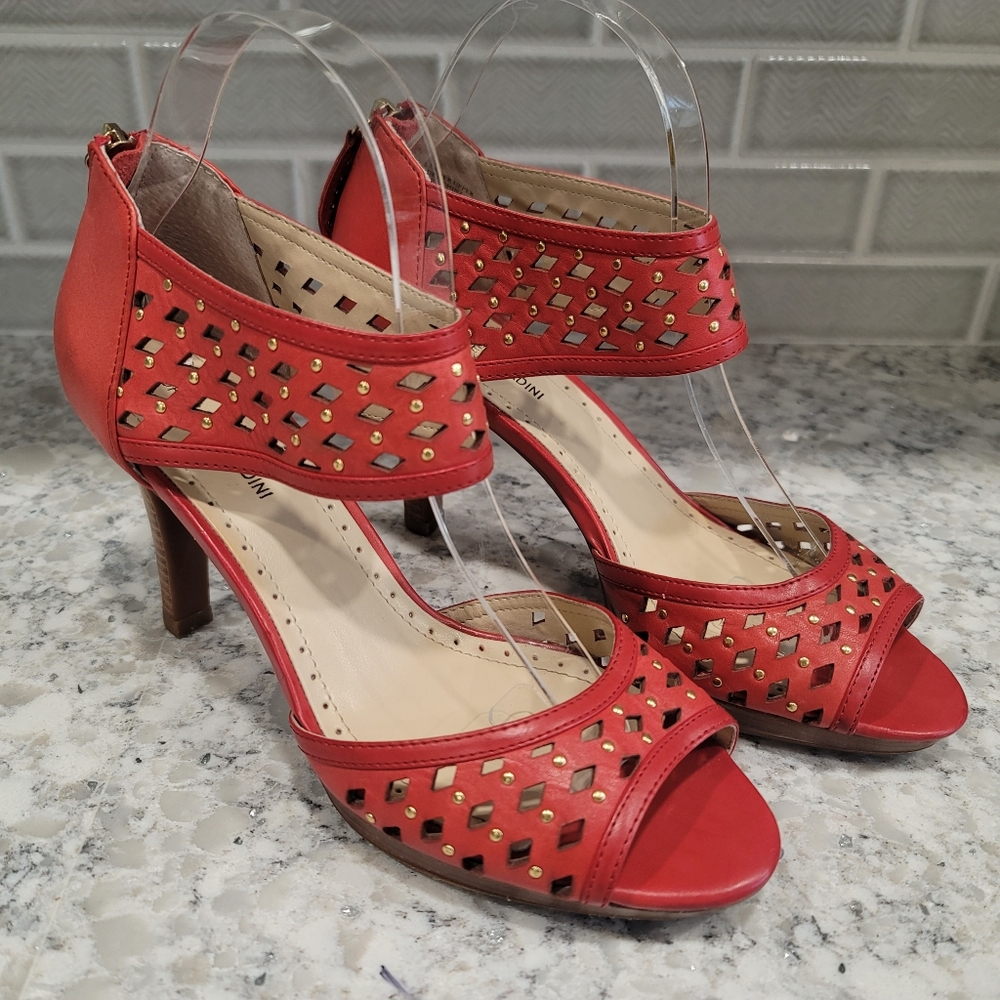Women's Adrienne Vittadini Red Gracie Diamond Cut Leather Peep Toe Ankle Strap 8
